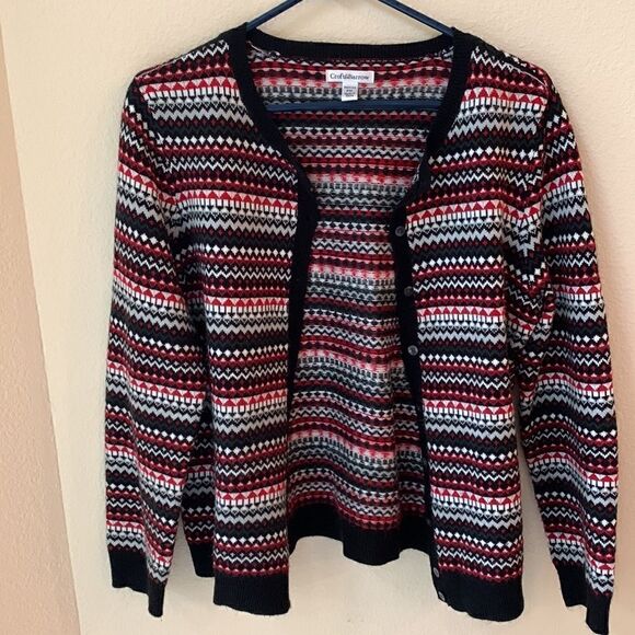 Fair isle cardigan sweater size medium petite red black - Picture 3 of 8